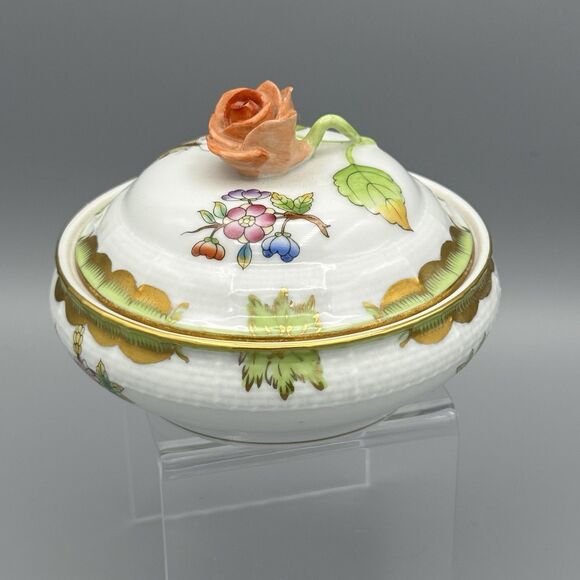 Vtg Herend Queen Victoria Porcelain Rd Box & Lid Trinket Dish with Rose Finial - Picture 2 of 14